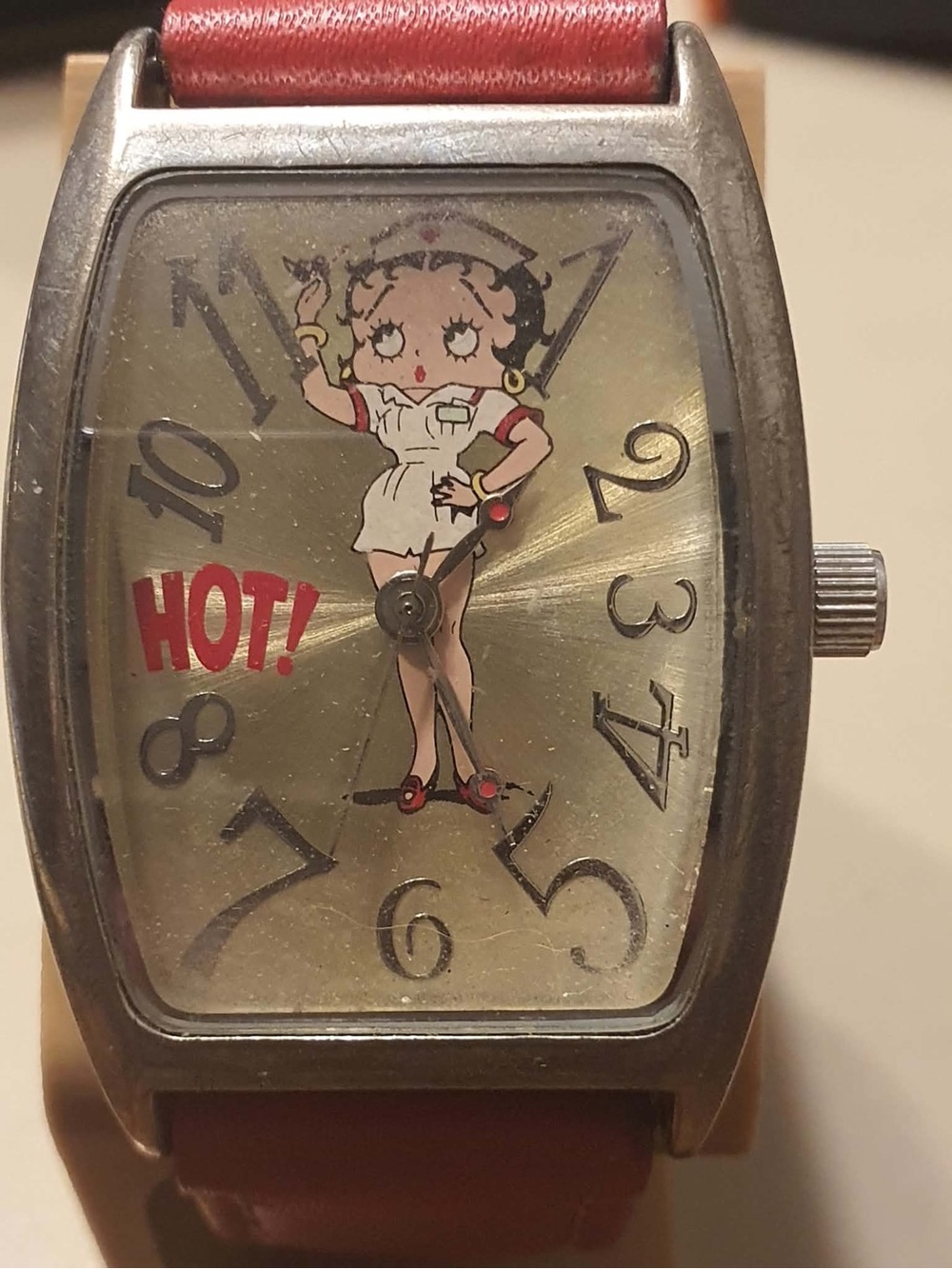 Vtg Betty Boop Hot Nurse Silver/Red Leather Women's Tank Watch